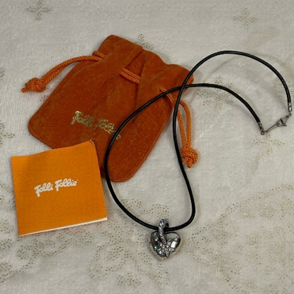FOLLI FOLLIE  silver and leather necklace with swarovski crystals